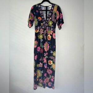 Urban Romantics modern floral maxi dress v-neck black bright colors size S small